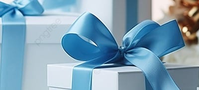 white gift box with blue ribbon